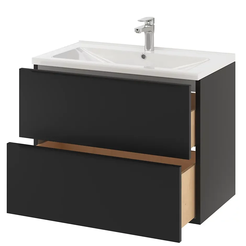 GoodHome Meuble sous vasque suspendu noir mat l.80 x H.60 x P.45 cm, Imandra* Meuble Buanderie|Meuble De Salle De Bains Faible Profondeur