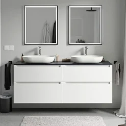 Bernstein Meuble sous vasque suspendu MDF Blanc mat, plan vasque Bleu nuit mat, tiroirs pivotants - 160x46x62cm - VIREO
