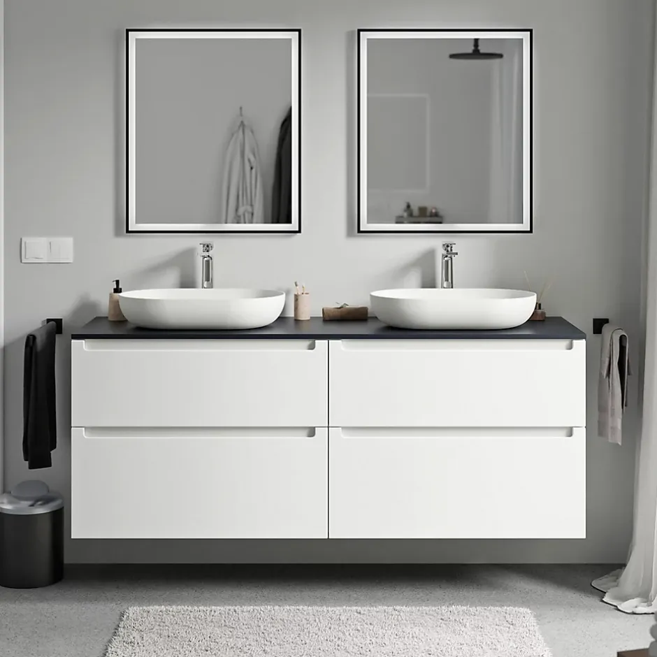 Bernstein Meuble sous vasque suspendu MDF Blanc mat, plan vasque Bleu nuit mat, tiroirs pivotants - 160x46x62cm - VIREO