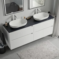 Bernstein Meuble sous vasque suspendu MDF Blanc mat, plan vasque Bleu nuit mat, tiroirs pivotants - 160x46x62cm - VIREO