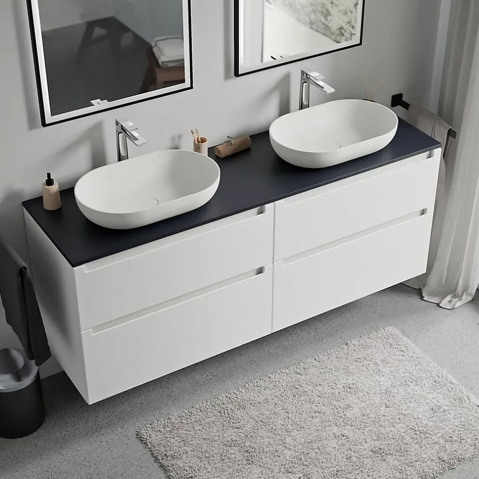 Bernstein Meuble sous vasque suspendu MDF Blanc mat, plan vasque Bleu nuit mat, tiroirs pivotants - 160x46x62cm - VIREO