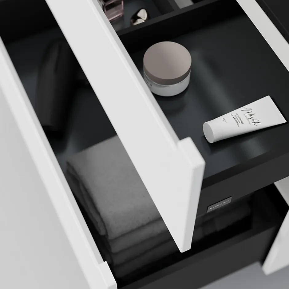 Bernstein Meuble sous vasque suspendu MDF Blanc mat, plan vasque Bleu nuit mat, tiroirs pivotants - 160x46x62cm - VIREO