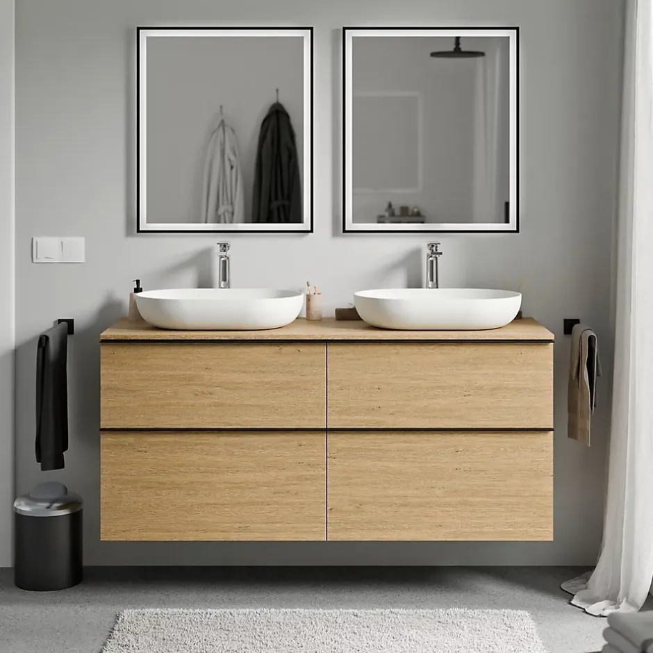 Bernstein Meuble sous vasque suspendu MDF Chêne miel, plan vasque Chêne miel, poignée Anthracite mat - 140x46x62cm - LAVOA