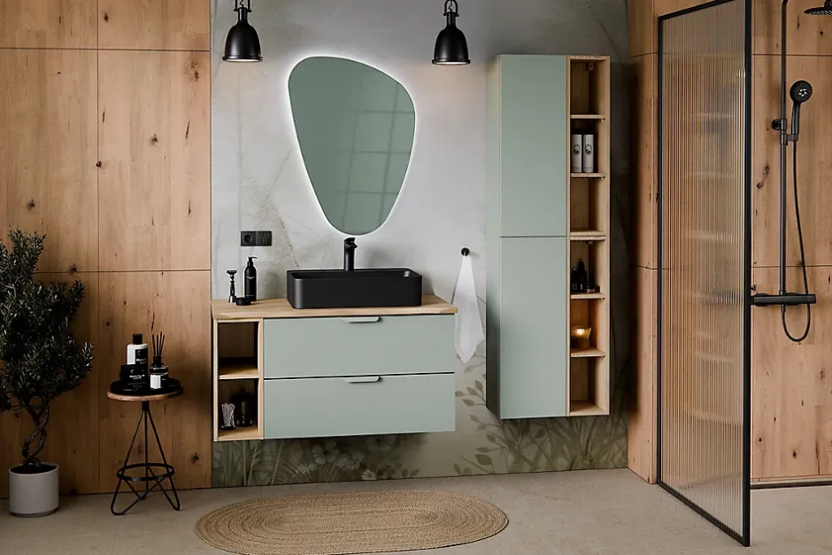 Furnidea Meuble sous vasque suspendu ASTER vert 80 cm* Meuble Sous Lavabo