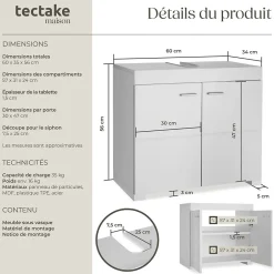 Tectake Meuble sous-lavabo 2 compartiments avec 2 portes battantes blanc