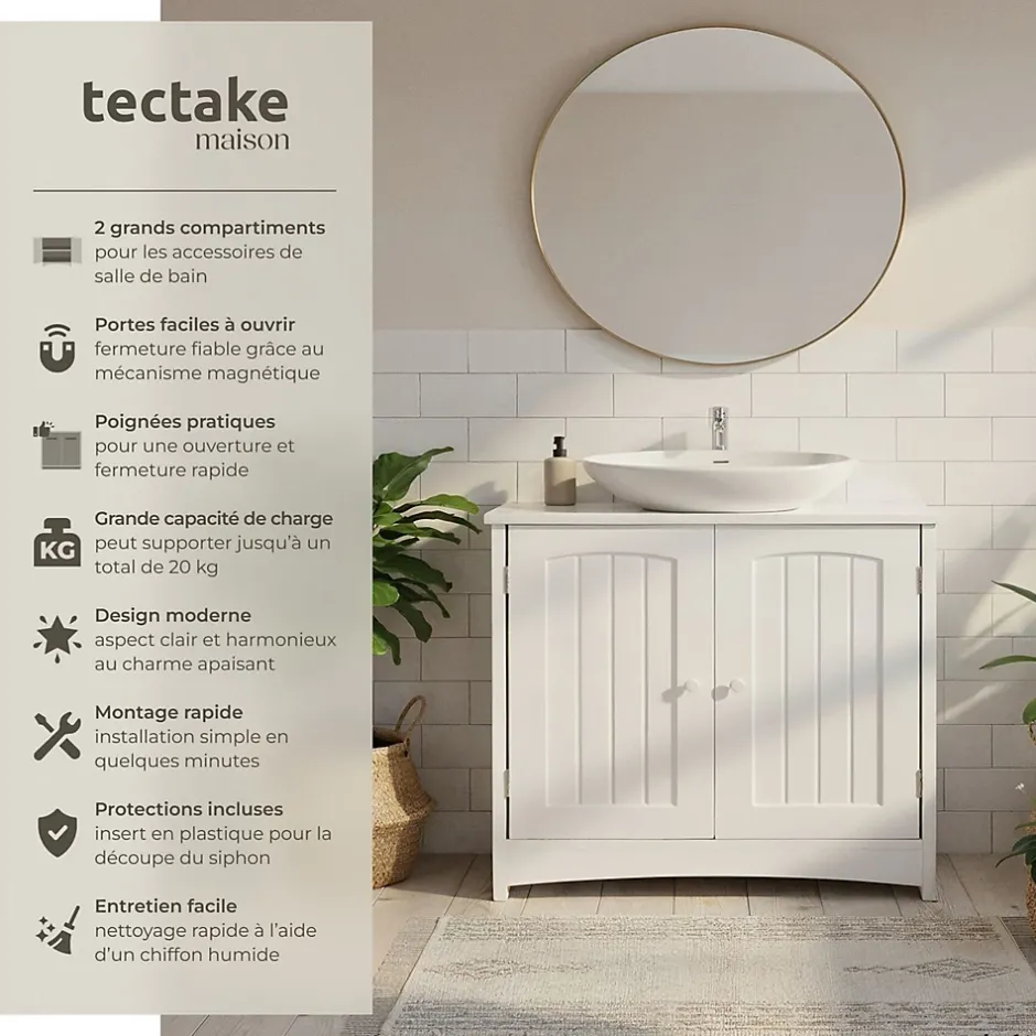 Tectake Meuble sous-lavabo 2 compartiments capacité de charge 35 kg