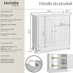 Tectake Meuble sous-lavabo 2 compartiments capacité de charge 35 kg