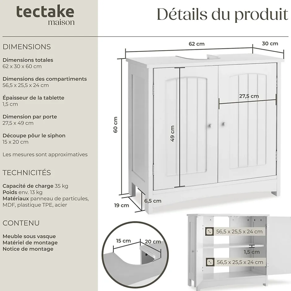 Tectake Meuble sous-lavabo 2 compartiments capacité de charge 35 kg