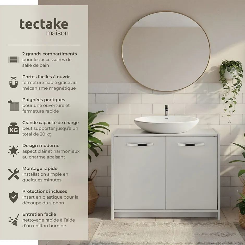 Tectake Meuble sous-lavabo spacieux avec capacité de charge de 20 kg blanc* Lave-Mains