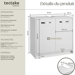 Tectake Meuble sous-lavabo spacieux avec capacité de charge de 20 kg blanc* Lave-Mains