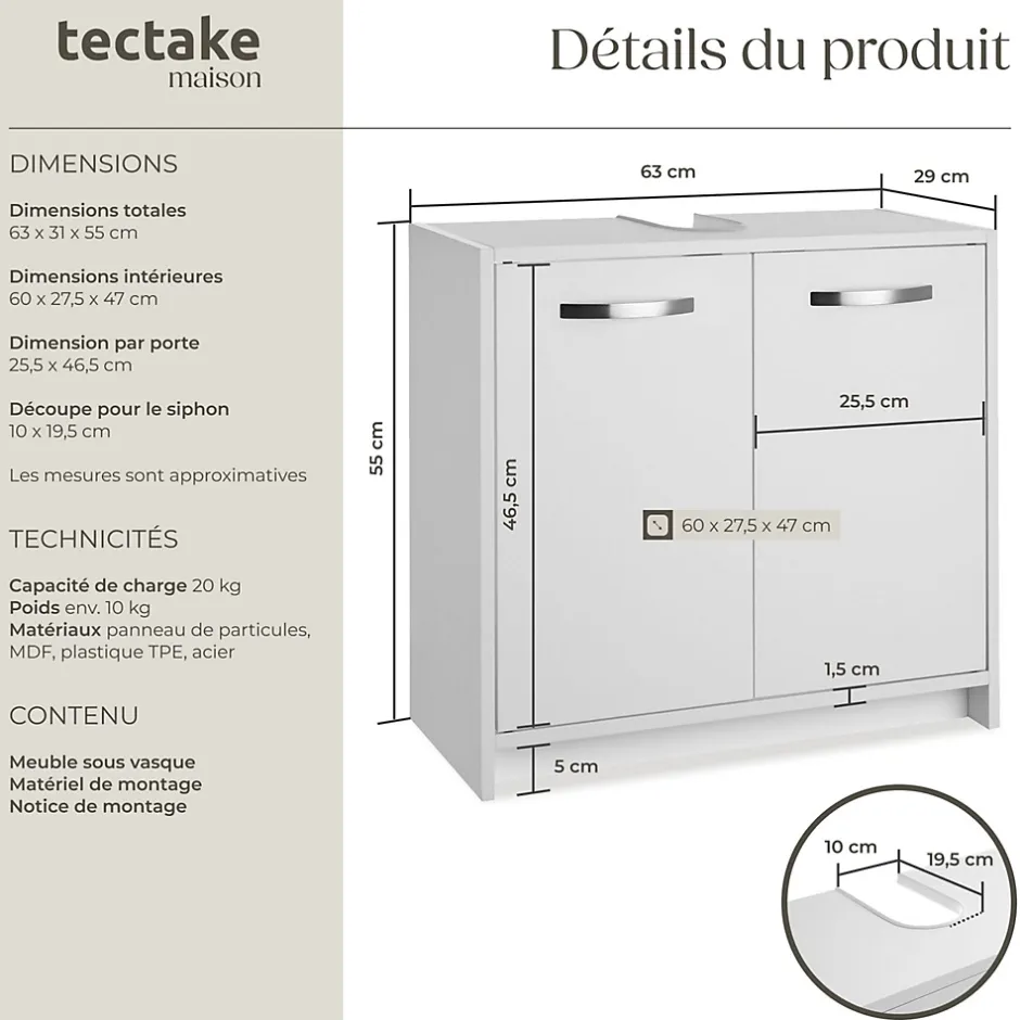 Tectake Meuble sous-lavabo spacieux avec capacité de charge de 20 kg blanc* Lave-Mains