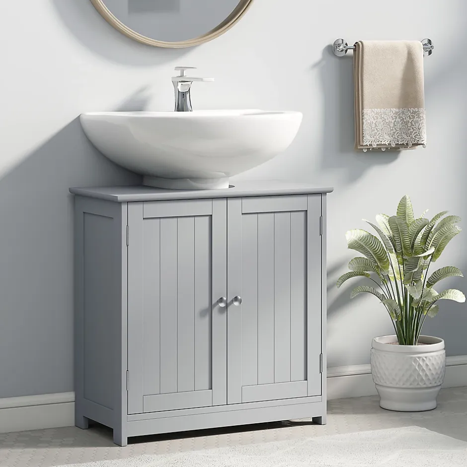 kleankin Meuble sous-vasque - 2 portes rainurées avec étagère réglable - poignées métal chromé - dim. 60L x 30l x 60H cm - MDF