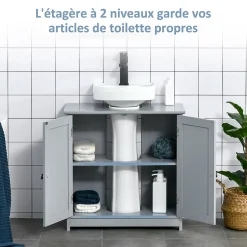 kleankin Meuble sous-vasque - 2 portes rainurées avec étagère réglable - poignées métal chromé - dim. 60L x 30l x 60H cm - MDF