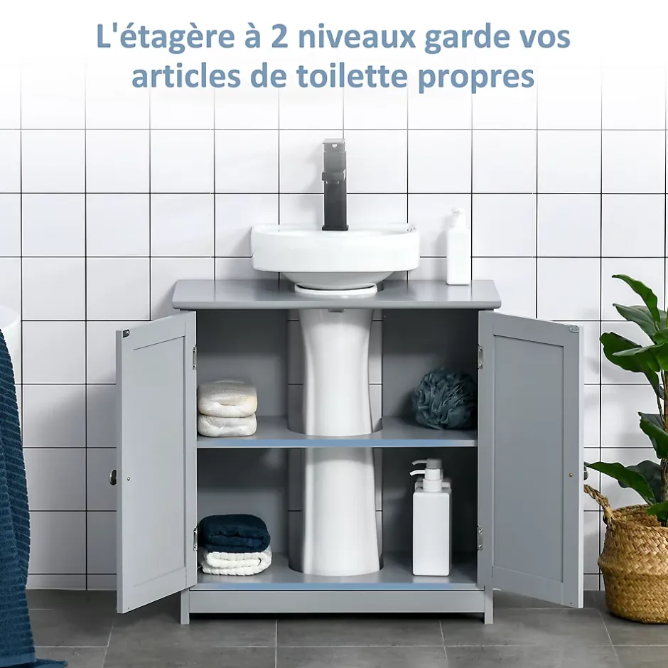 kleankin Meuble sous-vasque - 2 portes rainurées avec étagère réglable - poignées métal chromé - dim. 60L x 30l x 60H cm - MDF