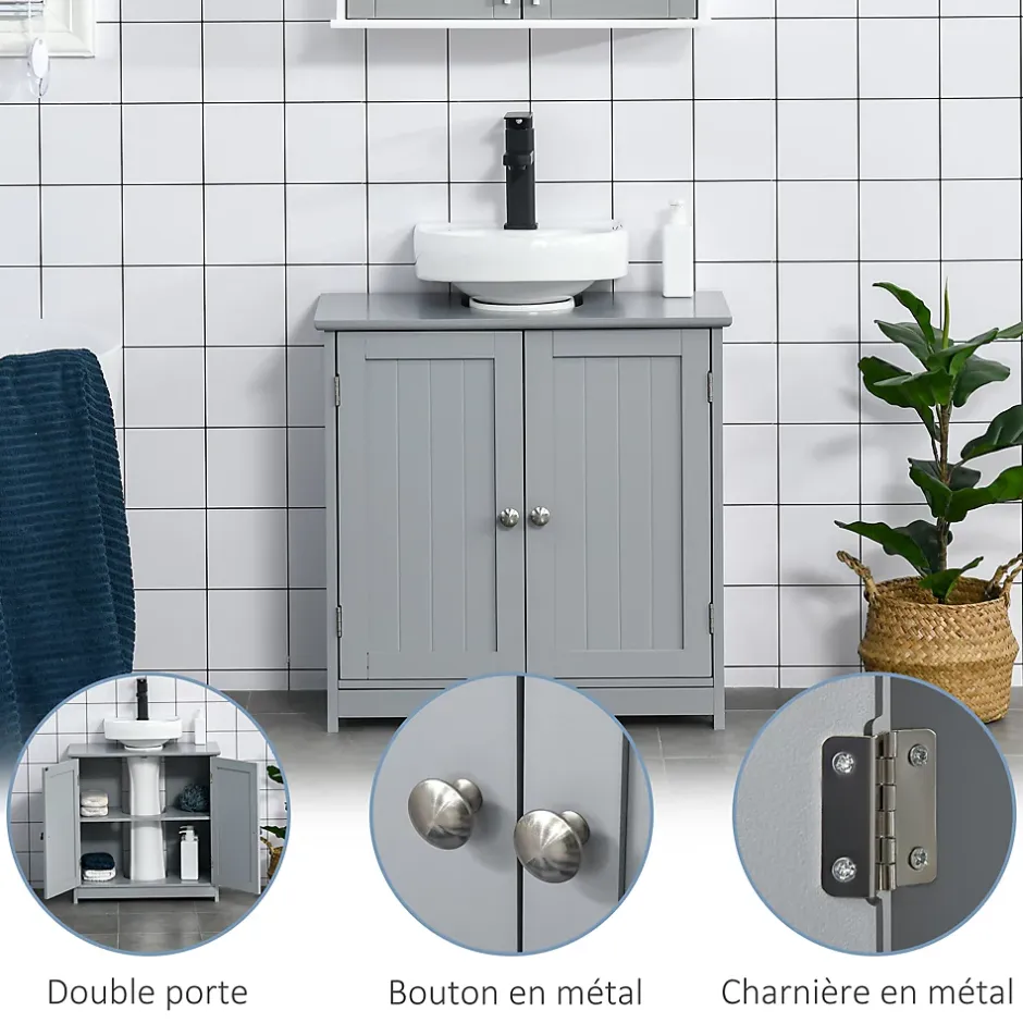 kleankin Meuble sous-vasque - 2 portes rainurées avec étagère réglable - poignées métal chromé - dim. 60L x 30l x 60H cm - MDF