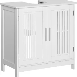 kleankin Meuble sous-vasque - 2 portes rainurées avec étagère réglable - poignées alliage aluminium - dim. 60L x 30l x 60H cm - MDF blanc