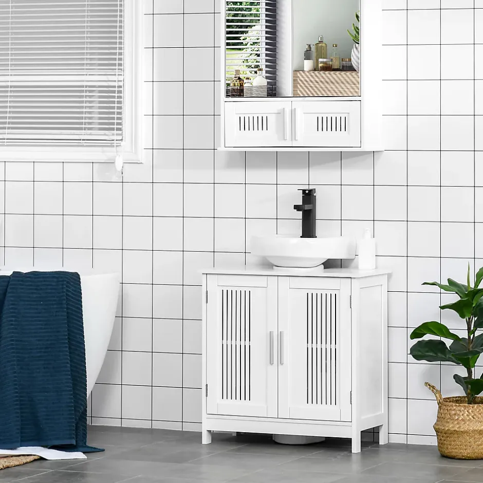 kleankin Meuble sous-vasque - 2 portes rainurées avec étagère réglable - poignées alliage aluminium - dim. 60L x 30l x 60H cm - MDF blanc