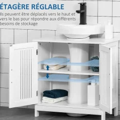 kleankin Meuble sous-vasque - 2 portes rainurées avec étagère réglable - poignées alliage aluminium - dim. 60L x 30l x 60H cm - MDF blanc