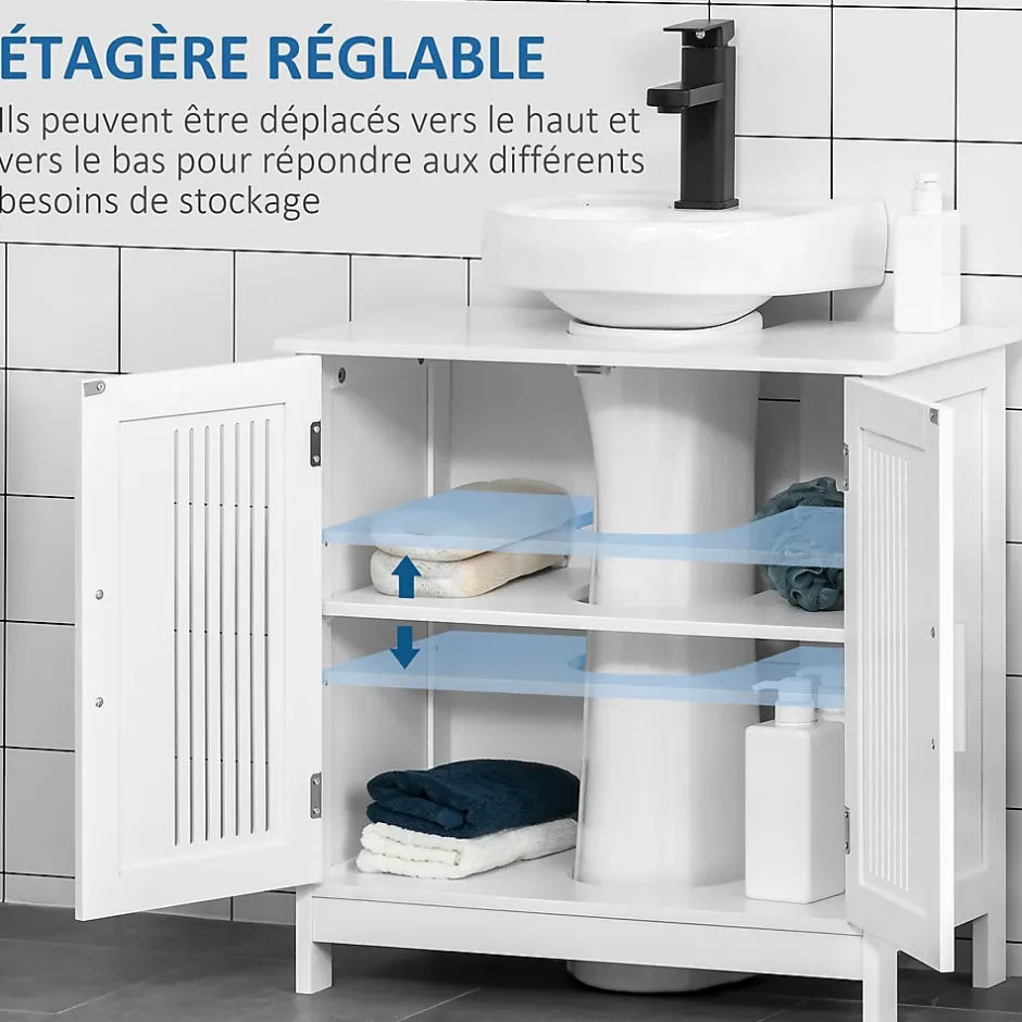 kleankin Meuble sous-vasque - 2 portes rainurées avec étagère réglable - poignées alliage aluminium - dim. 60L x 30l x 60H cm - MDF blanc