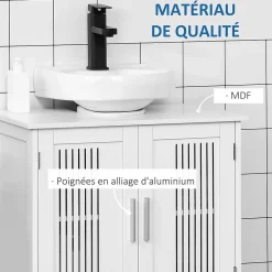 kleankin Meuble sous-vasque - 2 portes rainurées avec étagère réglable - poignées alliage aluminium - dim. 60L x 30l x 60H cm - MDF blanc