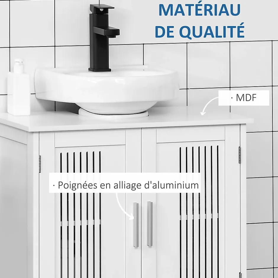 kleankin Meuble sous-vasque - 2 portes rainurées avec étagère réglable - poignées alliage aluminium - dim. 60L x 30l x 60H cm - MDF blanc