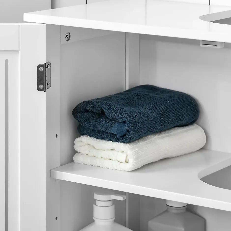 kleankin Meuble sous-vasque - 2 portes rainurées avec étagère réglable - poignées alliage aluminium - dim. 60L x 30l x 60H cm - MDF blanc