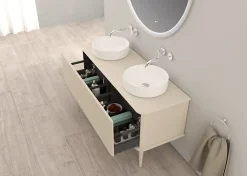 Baden Meuble sous-vasque à suspendre l.141 cm avec plan de toilette, 2 vasques à poser et pieds H.29 cm, beige coton, Idra