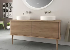 Baden Meuble sous-vasque à suspendre l.141 cm avec plan de toilette, 2 vasques à poser et pieds H.29 cm, effet chêne tabac, Idra* Meuble Buanderie