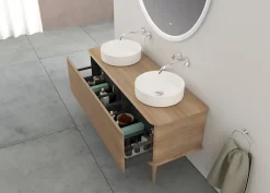 Baden Meuble sous-vasque à suspendre l.141 cm avec plan de toilette, 2 vasques à poser et pieds H.29 cm, effet chêne tabac, Idra* Meuble Buanderie