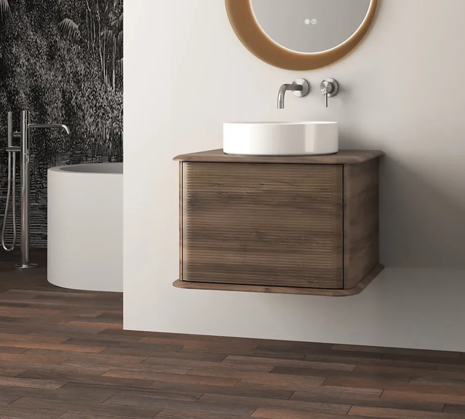 Baden Meuble sous-vasque à suspendre l.61 cm avec plan de toilette et vasque à poser, effet noyer, Idra* Meuble Buanderie