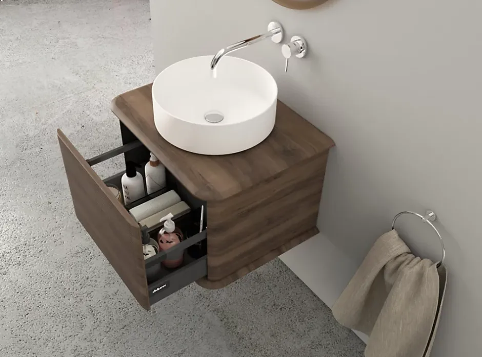 Baden Meuble sous-vasque à suspendre l.61 cm avec plan de toilette et vasque à poser, effet noyer, Idra* Meuble Buanderie