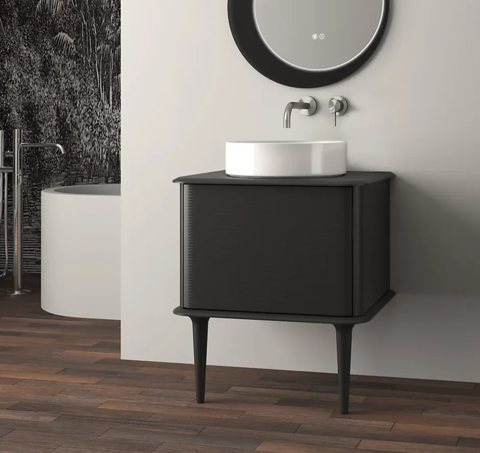 Baden Meuble sous-vasque à suspendre l.61 cm avec plan de toilette, vasque à poser et pieds, noir mat, Idra
