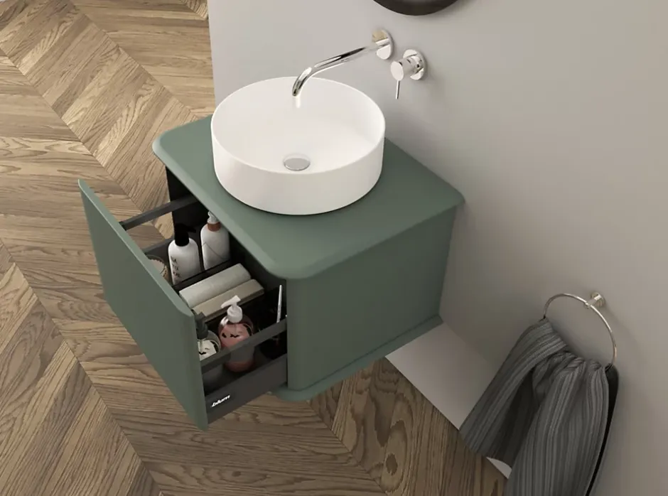 Baden Meuble sous-vasque à suspendre l.61 cm avec plan de toilette et vasque à poser, vert mat, Idra