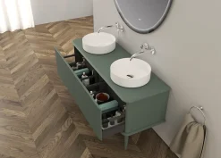 Baden Meuble sous-vasque à suspendre l.141 cm avec plan de toilette, 2 vasques à poser et pieds H.29 cm, vert mat, Idra* Meuble Buanderie