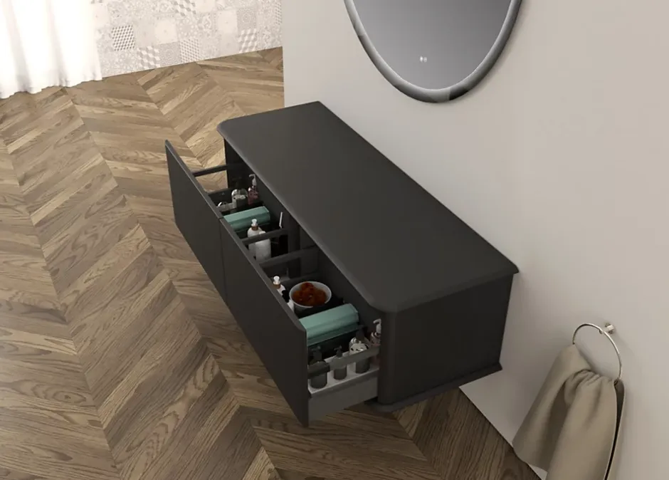 Baden Meuble sous-vasque à suspendre l.141 cm avec plan de toilette et pieds H.29 cm, noir mat, Idra* Meuble Buanderie