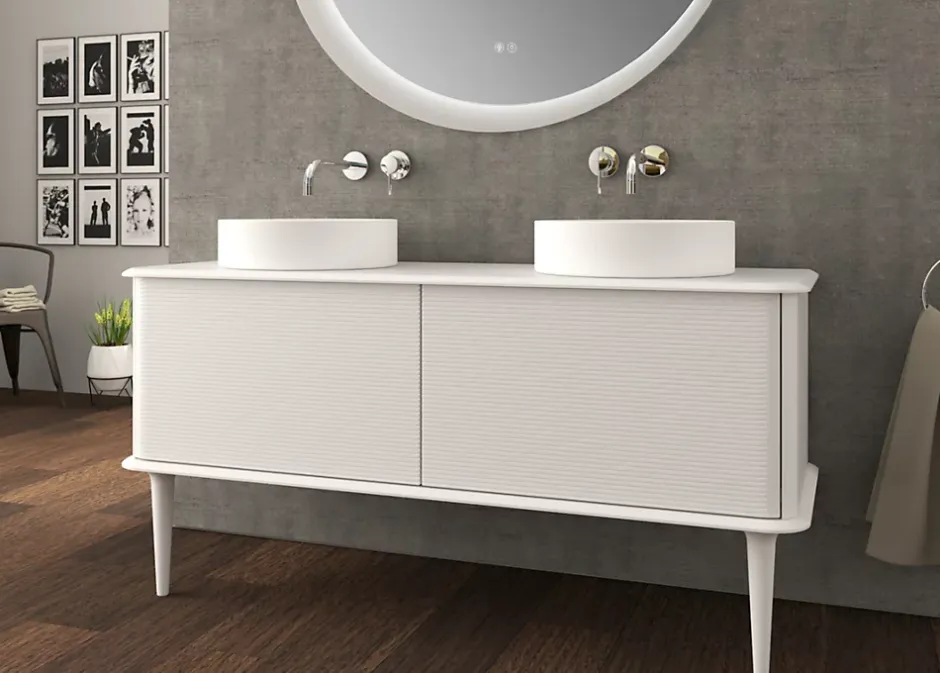 Baden Meuble sous-vasque à suspendre l.141 cm avec plan de toilette, 2 vasques à poser et pieds H.29 cm, blanc mat, Idra* Meuble Buanderie