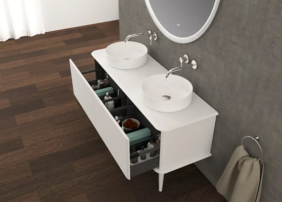Baden Meuble sous-vasque à suspendre l.141 cm avec plan de toilette, 2 vasques à poser et pieds H.29 cm, blanc mat, Idra* Meuble Buanderie