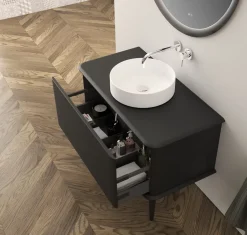 Baden Meuble sous-vasque à suspendre l.95 cm avec plan de toilette, vasque à poser et pieds H.29 cm, noir mat, Idra* Meuble Buanderie