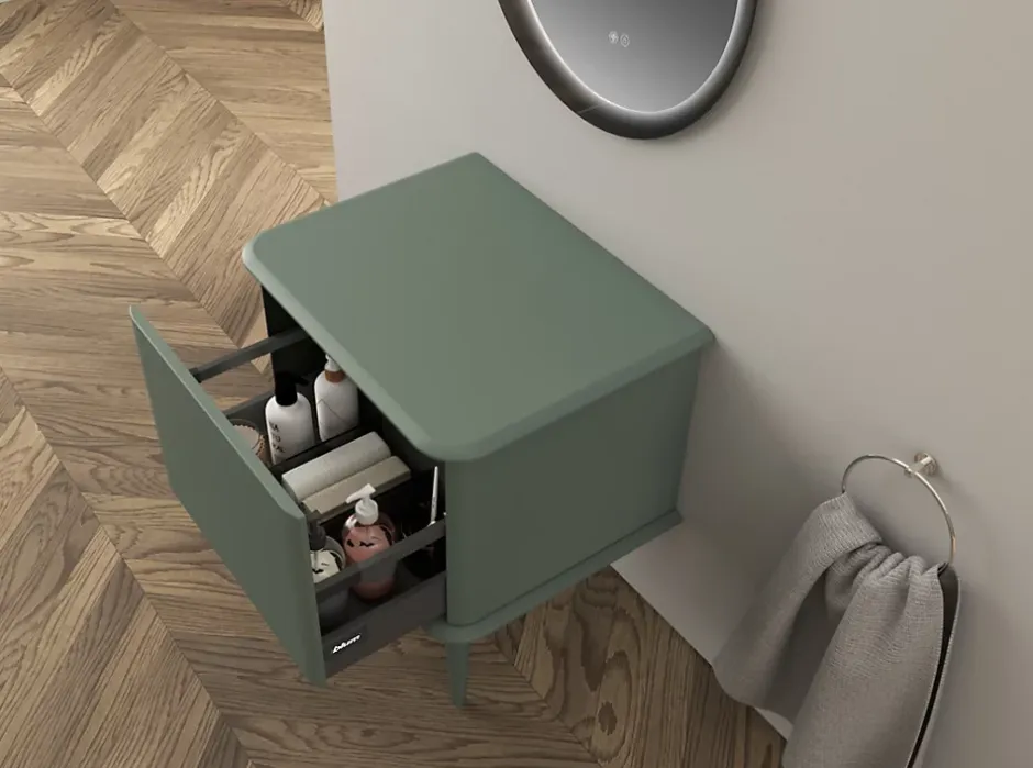 Baden Meuble sous-vasque à suspendre l.61 cm avec plan de toilette et pieds H.29 cm, vert mat, Idra