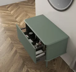 Baden Meuble sous-vasque à suspendre l.95 cm avec plan de toilette et pieds H.29 cm, vert mat, Idra* Meuble Buanderie