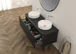 Baden Meuble sous-vasque à suspendre l.141 cm avec plan de toilette, 2 vasques à poser et pieds H.29 cm, noir mat, Idra