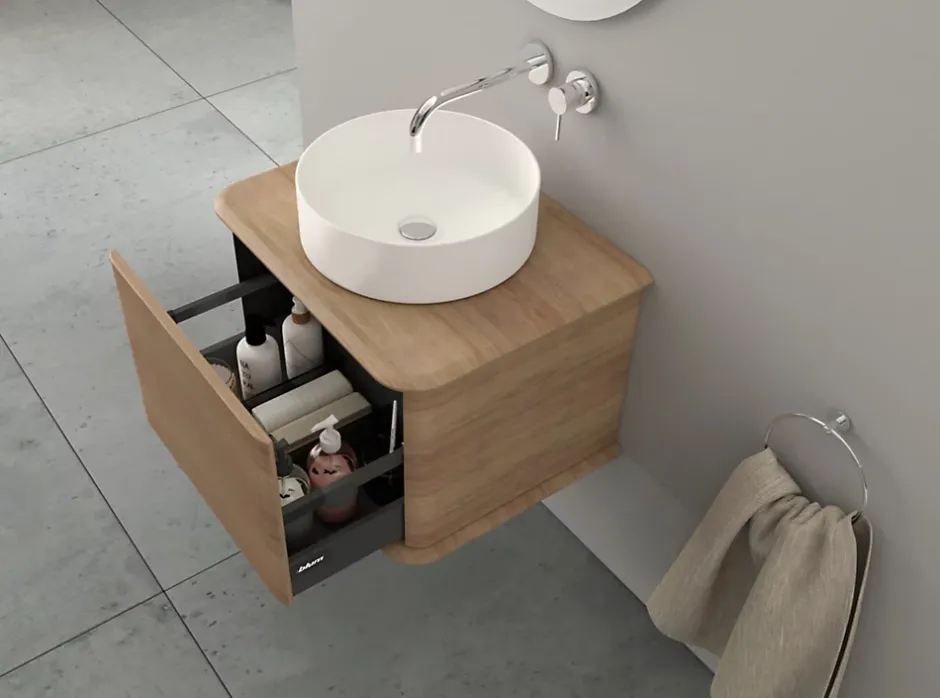Baden Meuble sous-vasque à suspendre l.61 cm avec plan de toilette et vasque à poser, effet chêne tabac, Idra