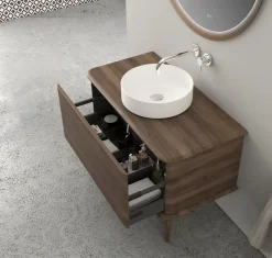Baden Meuble sous-vasque à suspendre l.95 cm avec plan de toilette, vasque à poser et pieds H.29 cm, effet noyer, Idra