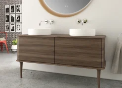 Baden Meuble sous-vasque à suspendre l.141 cm avec plan de toilette, 2 vasques à poser et pieds H.29 cm, effet noyer, Idra
