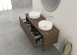 Baden Meuble sous-vasque à suspendre l.141 cm avec plan de toilette, 2 vasques à poser et pieds H.29 cm, effet noyer, Idra