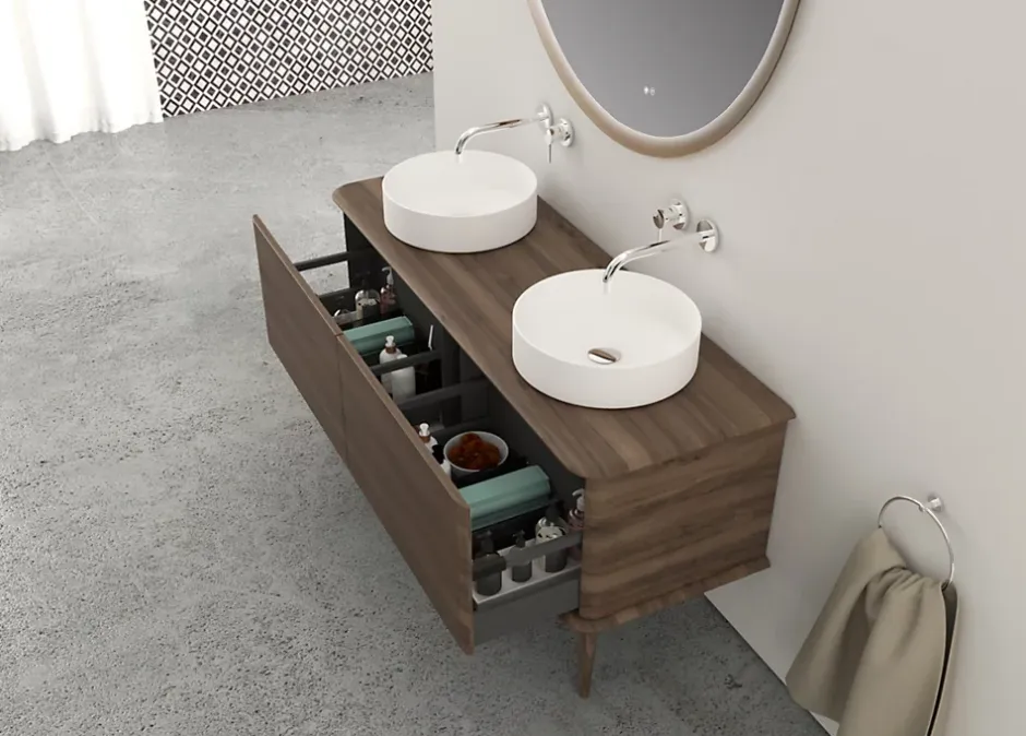 Baden Meuble sous-vasque à suspendre l.141 cm avec plan de toilette, 2 vasques à poser et pieds H.29 cm, effet noyer, Idra