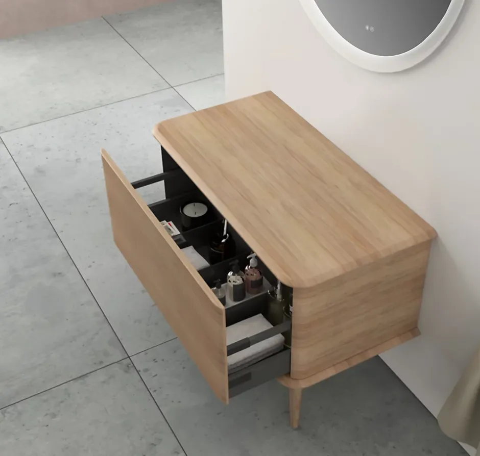 Baden Meuble sous-vasque à suspendre l.95 cm avec plan de toilette et pieds H.29 cm, effet chêne tabac, Idra