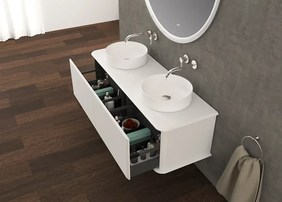 Baden Meuble sous-vasque à suspendre l.141 cm avec plan de toilette et 2 vasques à poser, blanc mat, Idra* Meuble Buanderie