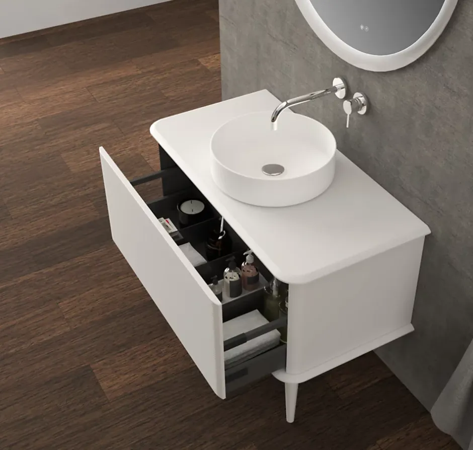 Baden Meuble sous-vasque à suspendre l.95 cm avec plan de toilette, vasque à poser et pieds H.29 cm, blanc mat, Idra* Meuble Buanderie
