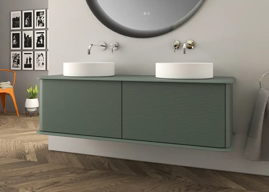 Baden Meuble sous-vasque à suspendre l.141 cm avec plan de toilette et 2 vasques à poser, vert mat, Idra